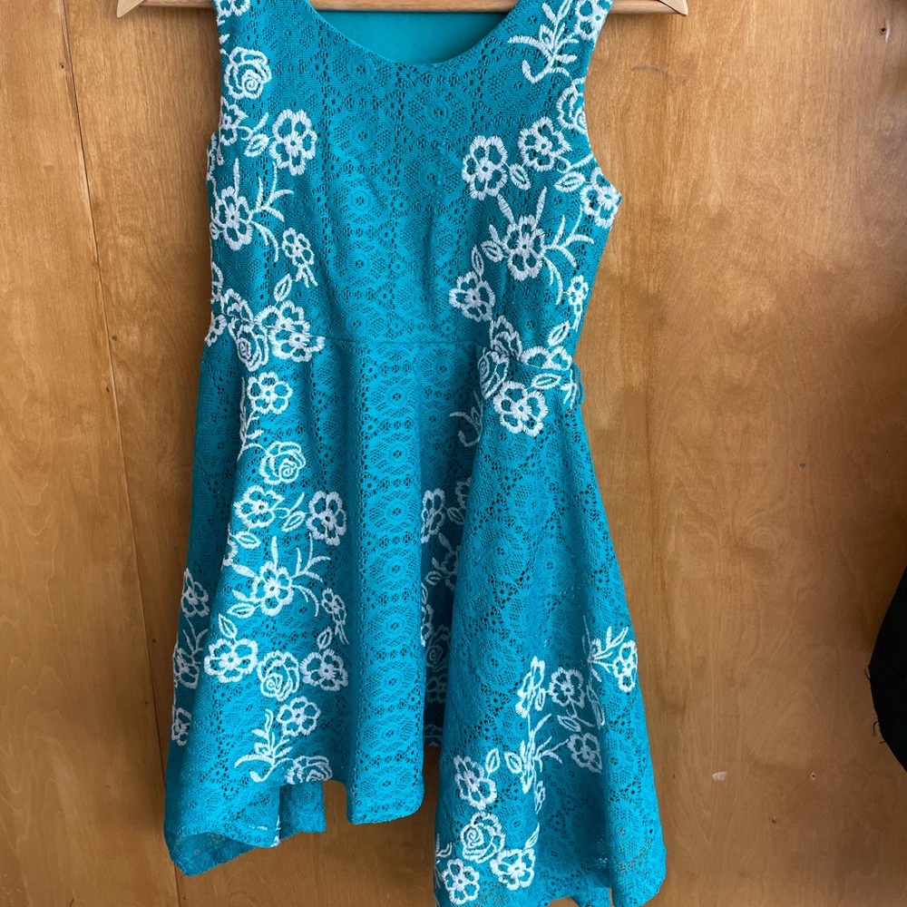 Teal lace handkerchief style sleeveless dress